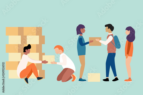 Teamwork, a group of young people distribute boxes. The illustration can be used both to convey the idea of ​​charity or the idea of ​​delivery.