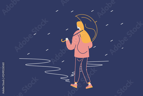 Illustration of a girl with an umbrella on a rainy day.  Having two paths ahead choosing the right way two.