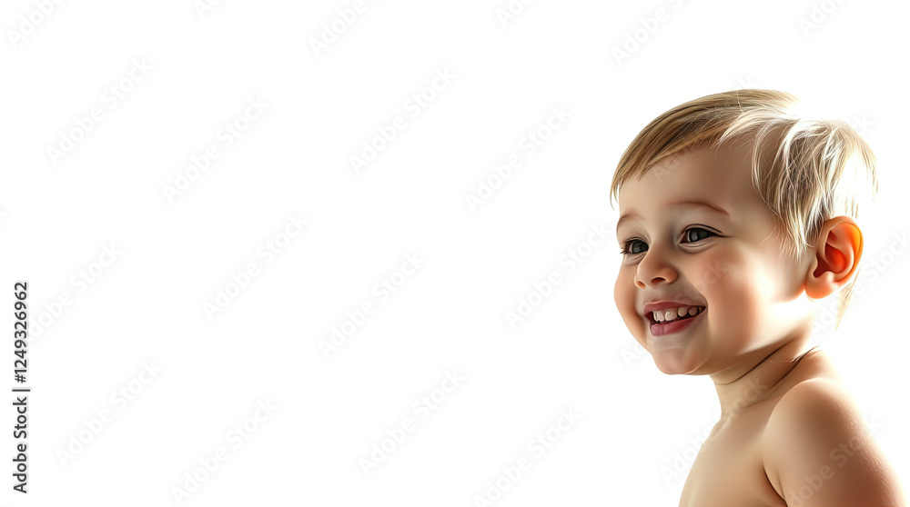 light photo of cute little girl smiling isolated on white background, free copy space
