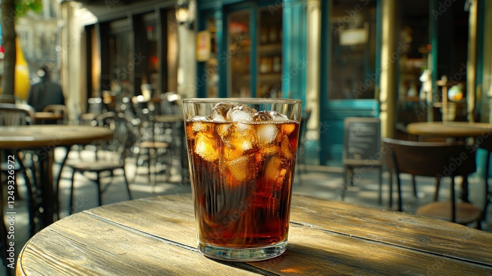 Iced soda in outdoor cafe, sunny city street scene Iced soda in outdoor cafe, sunny city street scene