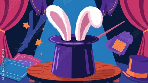 A vibrant and whimsical illustration of a magic hat with fluffy rabbit ears popping out, set against a colorful backdrop, adding a playful charm.