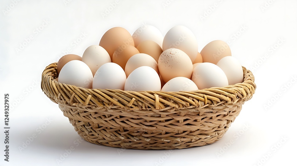 Eggs in a wicker basket on a white background. Eggs in a wicker basket on a white background.