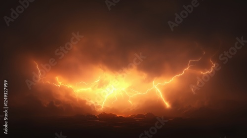 A powerful lightning storm illuminating the dark sky with vibrant orange hues.