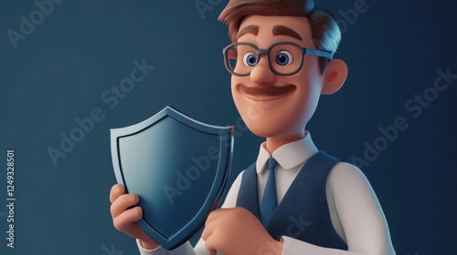A 3D cartoon IT security expert holding a shield-shaped firewall protection icon.