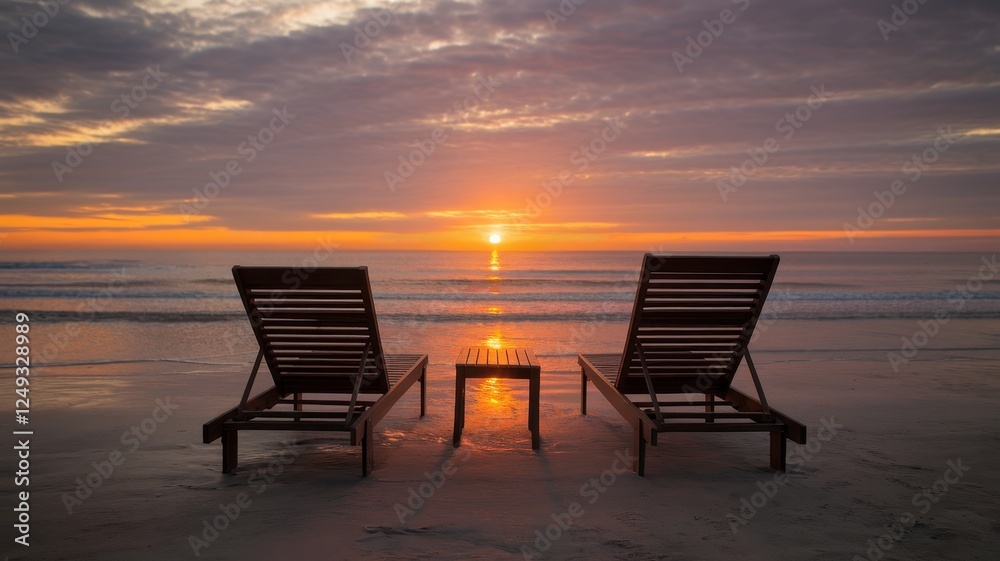 Two beach loungers facing a stunning sunset over the ocean, creating a serene and tranquil atmosphere. Two beach loungers facing a stunning sunset over the ocean, creating a serene and tranquil atmosphere.