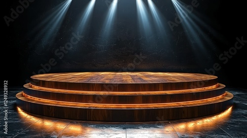 Illuminated Wooden Stage Platform, Dark Studio, Spotlight photo