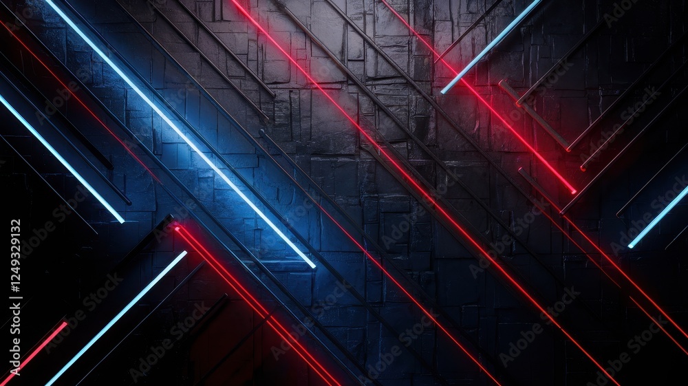 Obraz premium A vibrant array of neon blue and red lines crisscrossing against a textured black backdrop, creating a dynamic and futuristic atmosphere.
