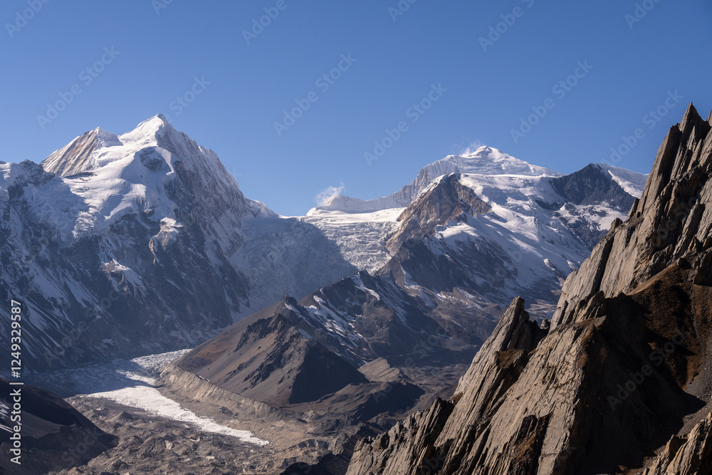 Manaslu Circuit, Nepal: Landscape of the Chinese Tibet border, the Rui La pass, near Samdo in the Himalayas in Nepal with the Panbari Himal in the background