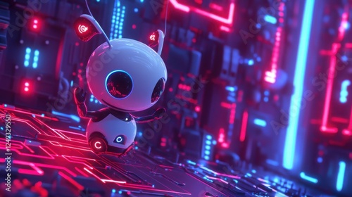 A cute 3D cartoon AI assistant floating in a digital space, surrounded by neon circuits and data streams.