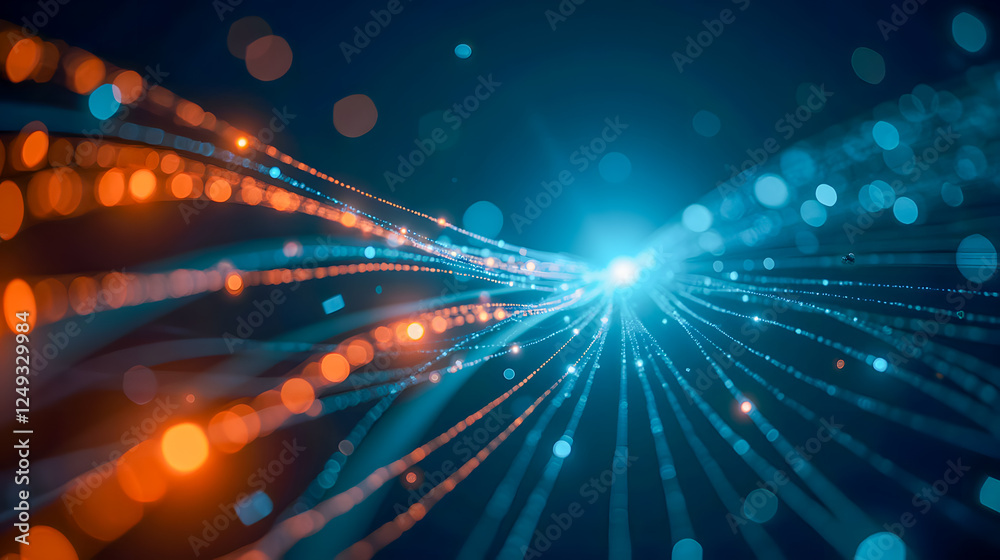 Obraz premium Vivid abstract illustration of flowing light trails with bokeh effects in blue and orange tones on a dark background, creating a dynamic visual experience.
