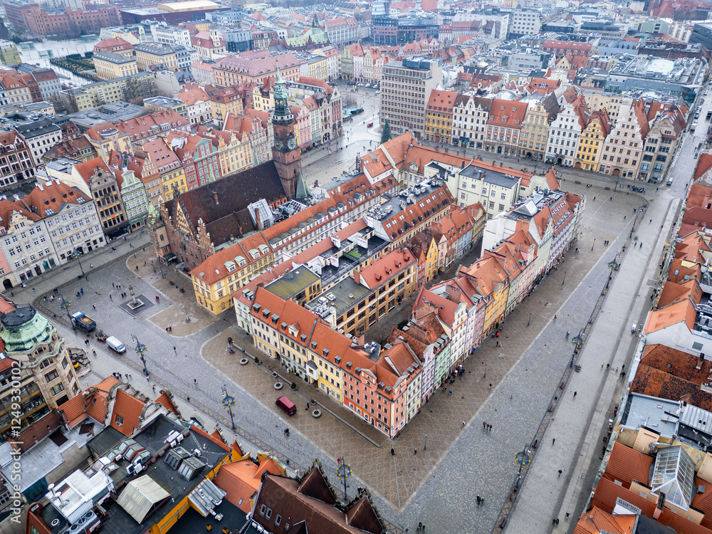 Wroclaw, Poland: Aerial view of the famous market square in Wroclaw medieval old town with the ancient town hall and church in Poland