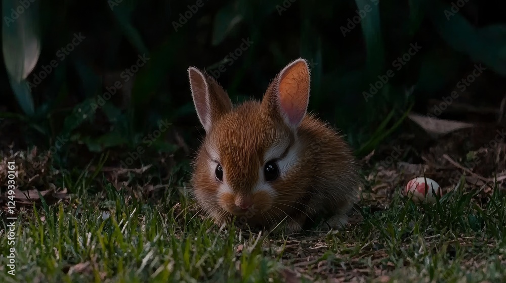 Brown Baby Bunny Sitting Amid Green Grass With White Egg In Background At Night Time Outdoors. Brown Baby Bunny Sitting Amid Green Grass With White Egg In Background At Night Time Outdoors.