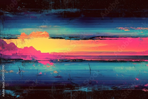 Vibrant abstract landscape at sunset with colorful streaks and textures