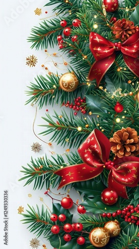 Christmas tree border with green fir branches, red bow, berries and gold lights isolated on transparent background. Pine, Xmas evergreen plants frame. Vector string garland décor.