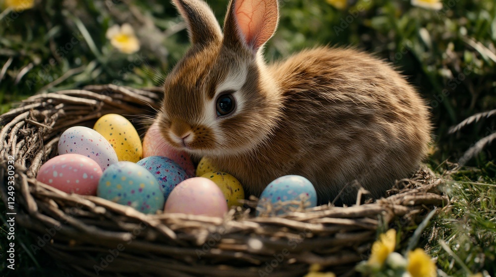 Brown Bunny in Nest with Colored Eggs Celebrating the Springtime Season in a Grassy Field. Brown Bunny in Nest with Colored Eggs Celebrating the Springtime Season in a Grassy Field.