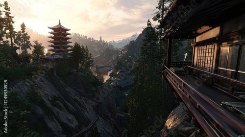 Serene landscape featuring a traditional pagoda near a river, surrounded by lush greenery and mountains