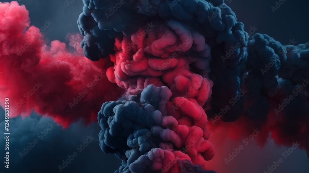 A striking formation of red and dark smoke swirling together, creating a dramatic and captivating visual effect.