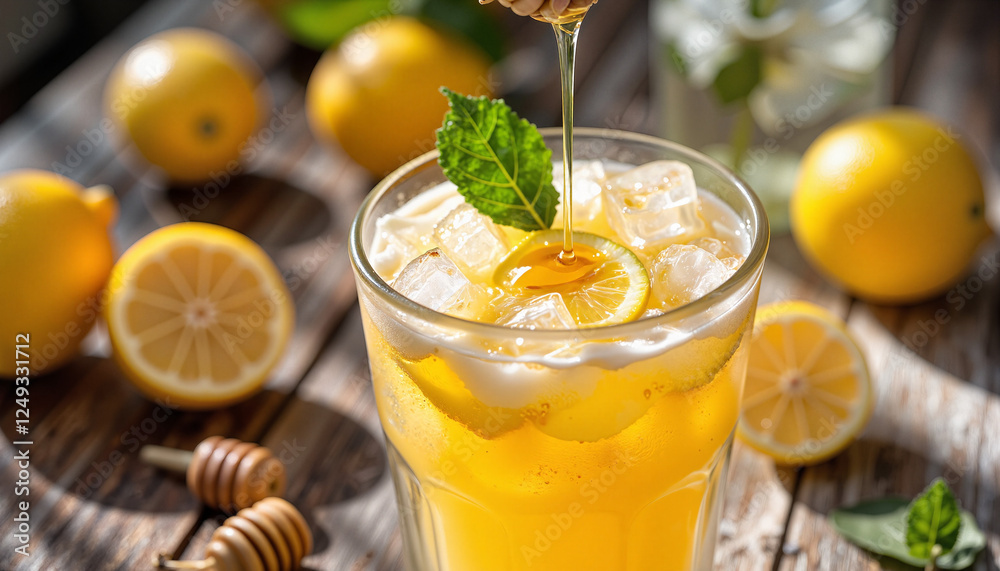 Refreshing honey lemonade with ice cubes on rustic table, summer delight