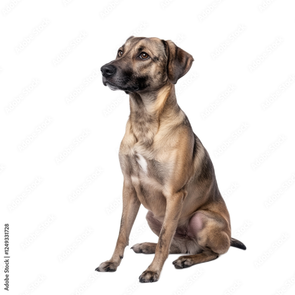 Brown and Black Mixed Breed Dog Sitting on White Background Brown and Black Mixed Breed Dog Sitting on White Background