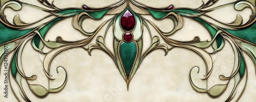 An elegant Art Nouveau design with flowing lines and rich jewel tones like emerald and ruby photo