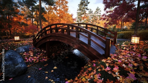 Serene wooden bridge over a stream surrounded by vibrant autumn foliage and lanterns photo