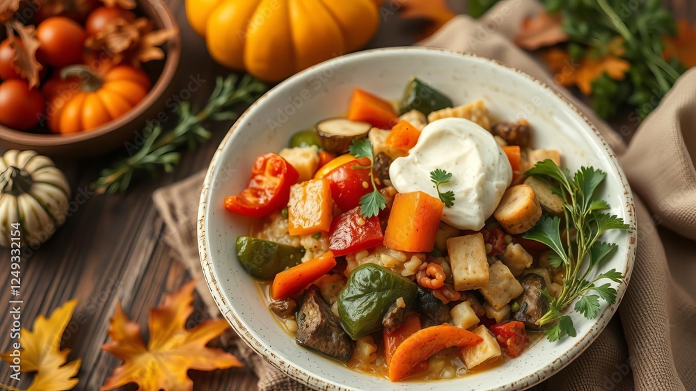 Pumpkin and carrot soup with cream and parsley on dark wooden background, top view, copy space, vegetarian, autumn, food