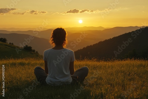 Serene Woman Meditating at Sunset Over Mountain Landscape