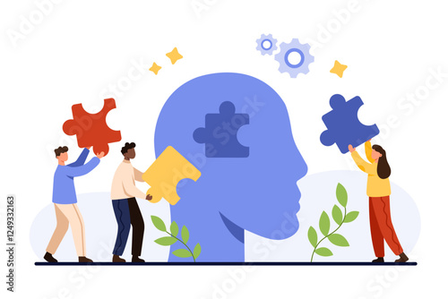 Mental health support and coach consultation, psychology. Tiny people holding puzzle pieces connect to brain inside human head, help to think and find lost solution cartoon vector illustration