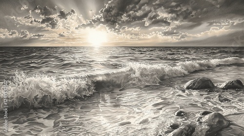 Monochromatic seascape sunset with waves crashing on rocky shore.