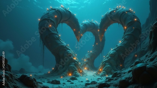 Towering heart-shaped chimneys at a deep-sea hydrothermal vent, swarming with glowing microbe formations