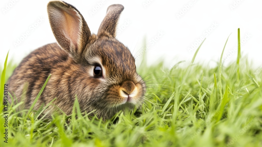 Brown Furry Rabbit Sitting in Green Grass Outdoors on White Background Animals Cute Rodent. Brown Furry Rabbit Sitting in Green Grass Outdoors on White Background Animals Cute Rodent.