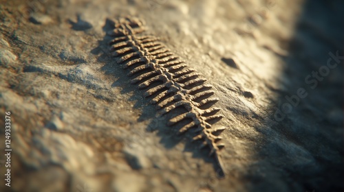 A detailed close-up of a fossilized fern leaf embedded in stone.