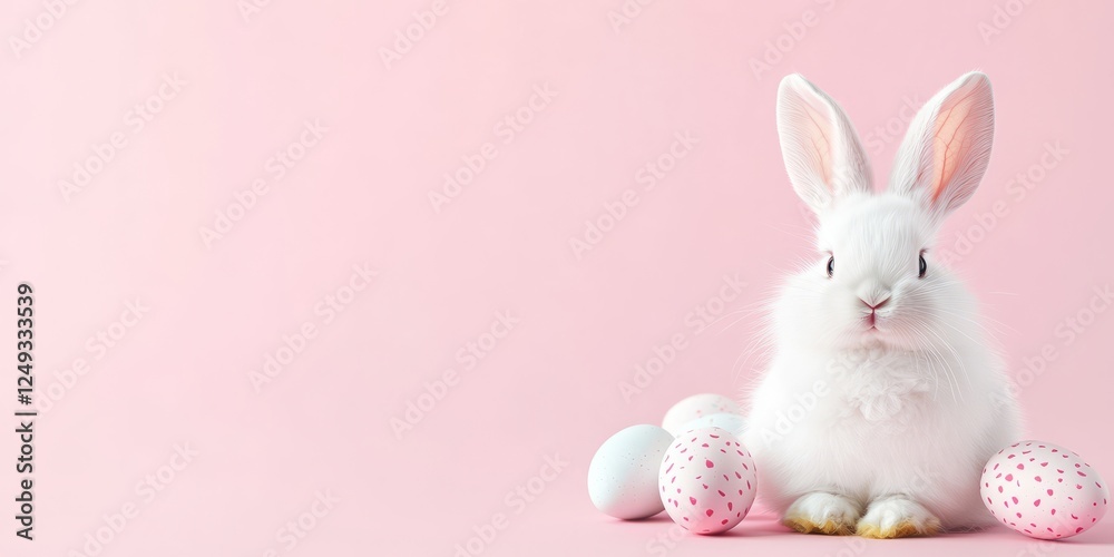 Obraz premium White rabbit on a pink background among Easter eggs. Easter and spring celebration concept. Spring card with space for text 
