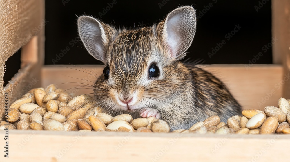 Obraz premium Brown Mouse with Large Ears Sits Surrounded by Peanuts in Wooden Box with Dark Background.