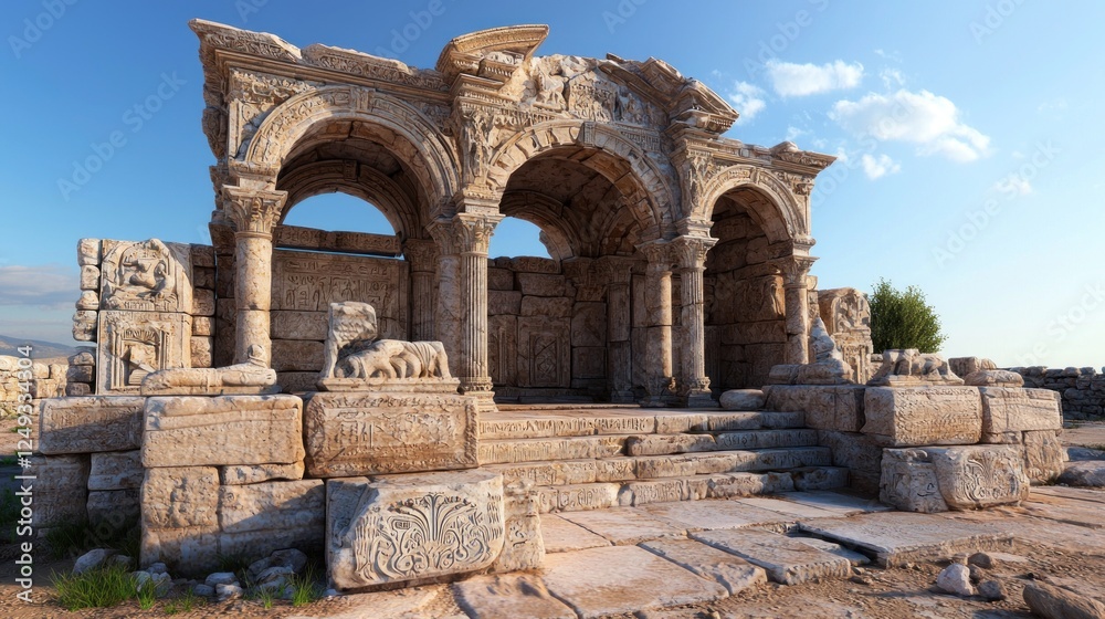 Ancient stone ruins featuring ornate arches and lion sculptures under a clear blue sky Ancient stone ruins featuring ornate arches and lion sculptures under a clear blue sky