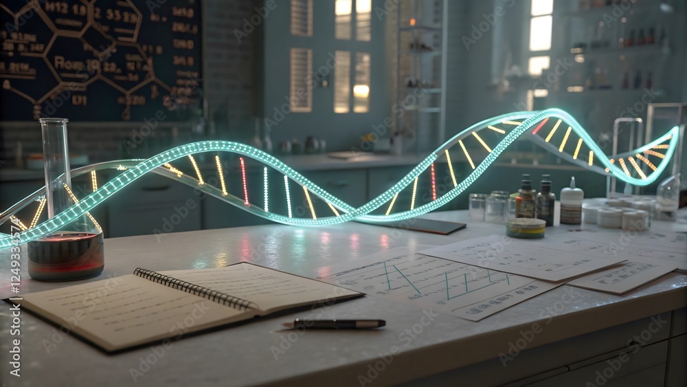 Fototapeta premium A highly detailed, glowing DNA strand floating over a lab table, ultra-clear molecular structures.