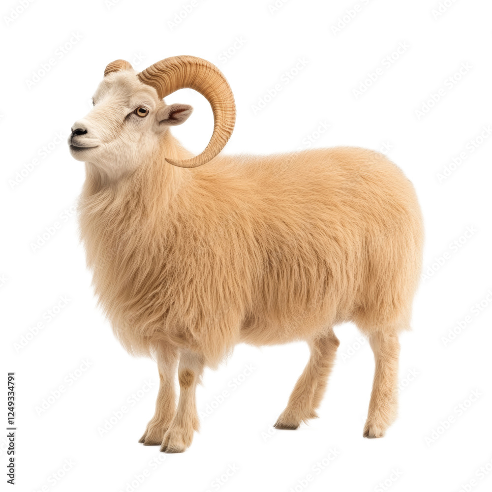 Fototapeta premium Fluffy Light Brown Ram Isolated on White Background.