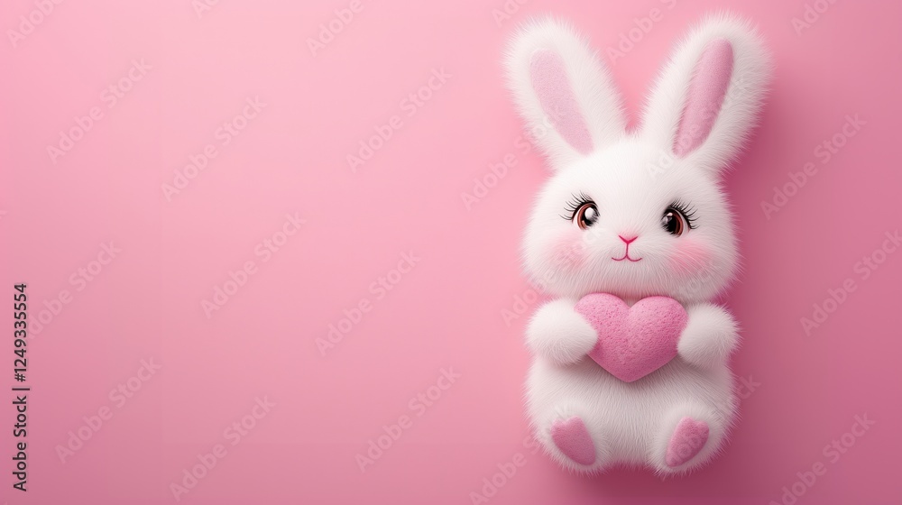 Fototapeta premium A minimalistic composition of a cute bunny holding a pink heart against a soft pink background.