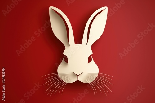 A minimalist rabbit head silhouette in cream color against a red background.