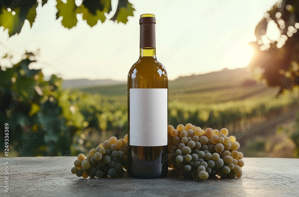 Fototapeta premium White wine bottle with fresh grapes, vineyard backdrop, warm golden sunlight, inviting atmosphere