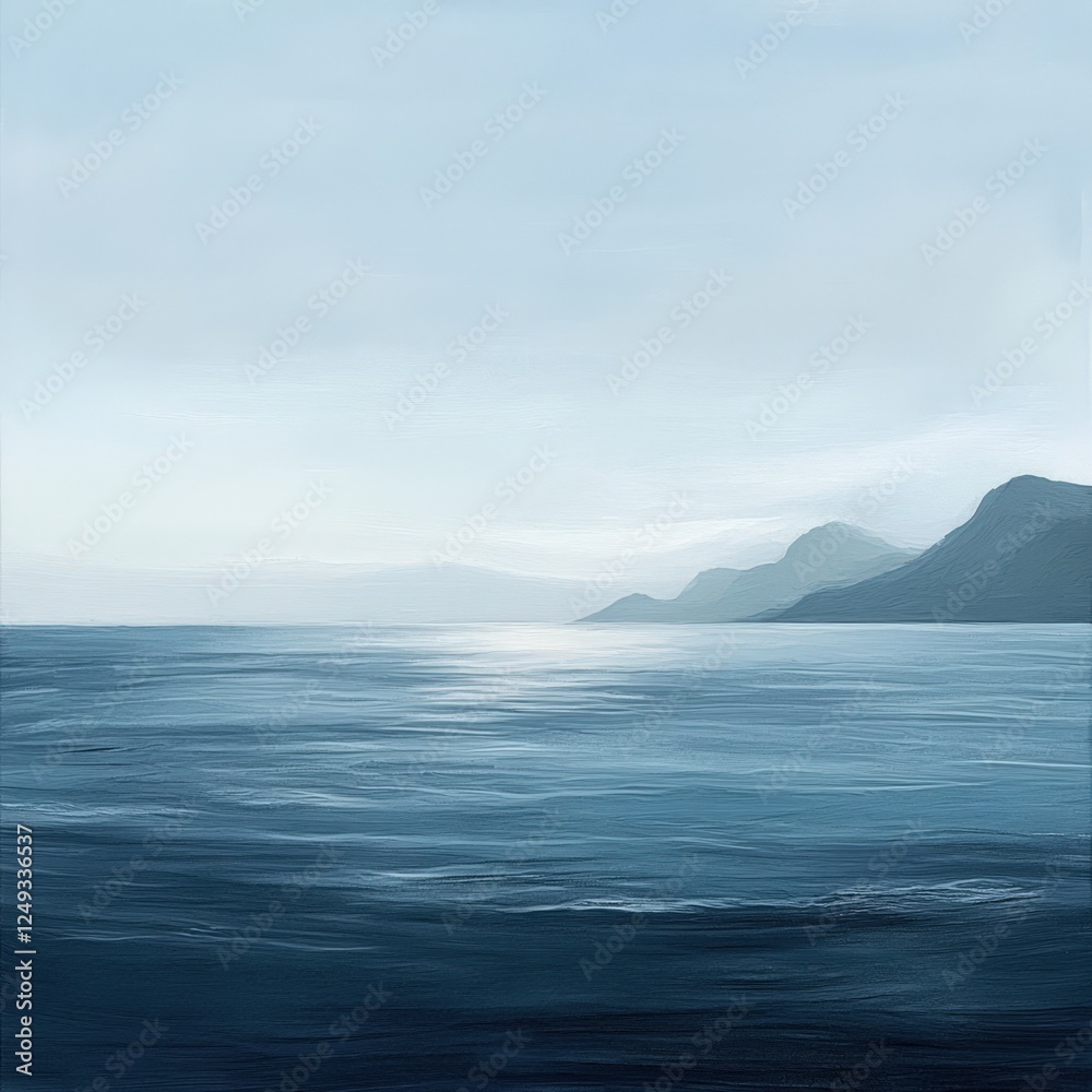 A painting of a calm ocean with mountains in the background A painting of a calm ocean with mountains in the background