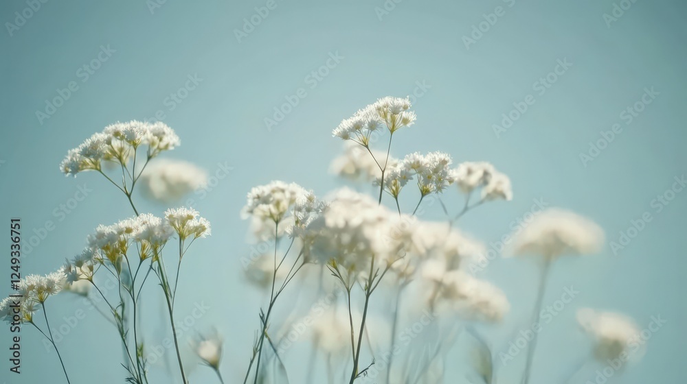 A field of white flowers with a blue sky in the background A field of white flowers with a blue sky in the background