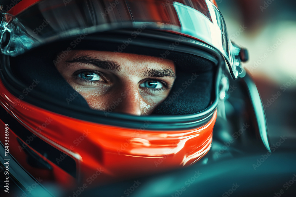 Intense portrait of a focused car racer in a helmet showcasing determination and speed, generative AI Intense portrait of a focused car racer in a helmet showcasing determination and speed, generative AI
