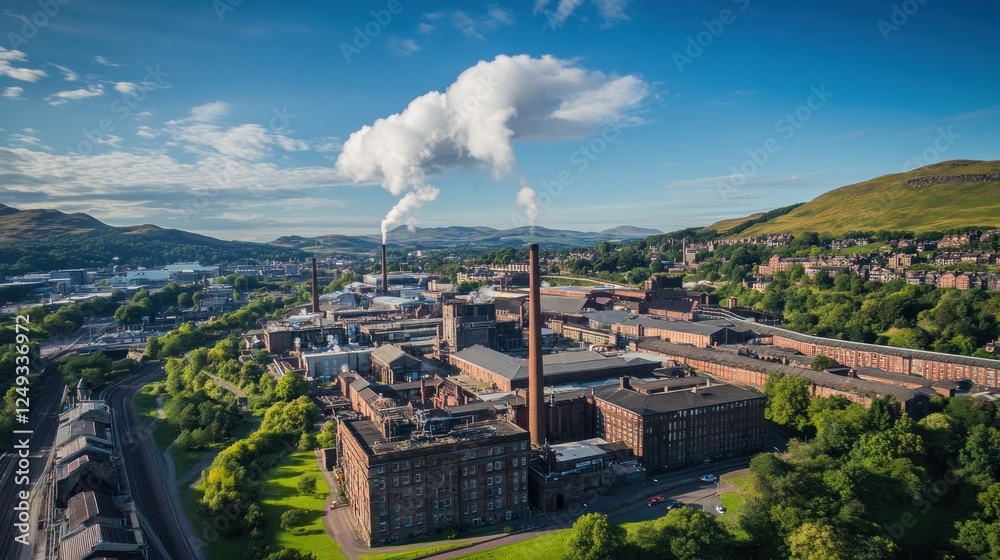 Obraz premium Aerial view of an industrial complex with smokestacks and green surroundings.