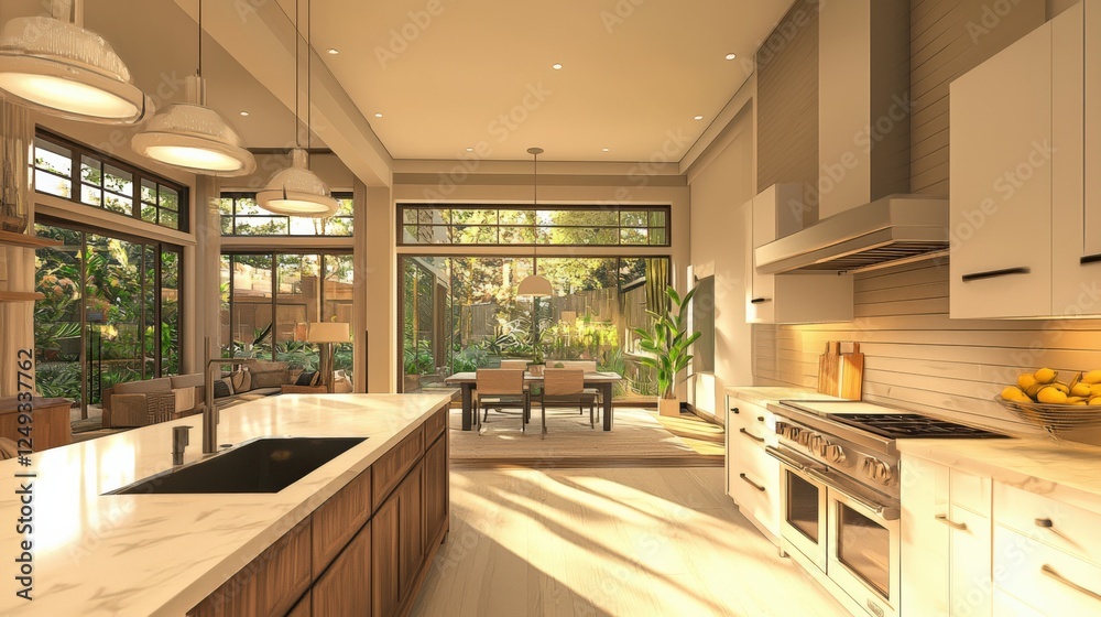 Fototapeta premium A large kitchen with a white counter and a sink