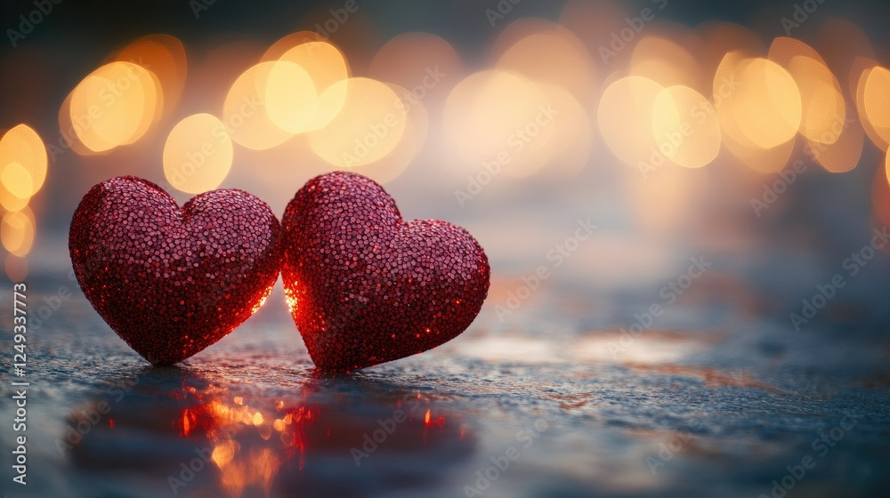 Shimmering Red Hearts Against a Blurred Romantic Background Shimmering Red Hearts Against a Blurred Romantic Background