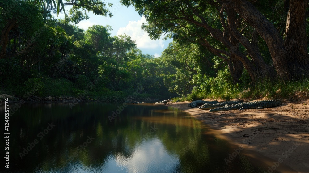 Serene riverbank scene with lush greenery, reflecting water, and wildlife in a tranquil environment Serene riverbank scene with lush greenery, reflecting water, and wildlife in a tranquil environment