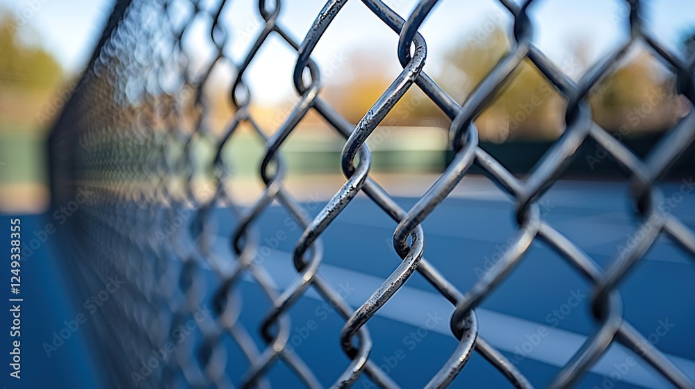 Fototapeta premium Close-up of a tennis court fence with blurred background and sunny ambiance