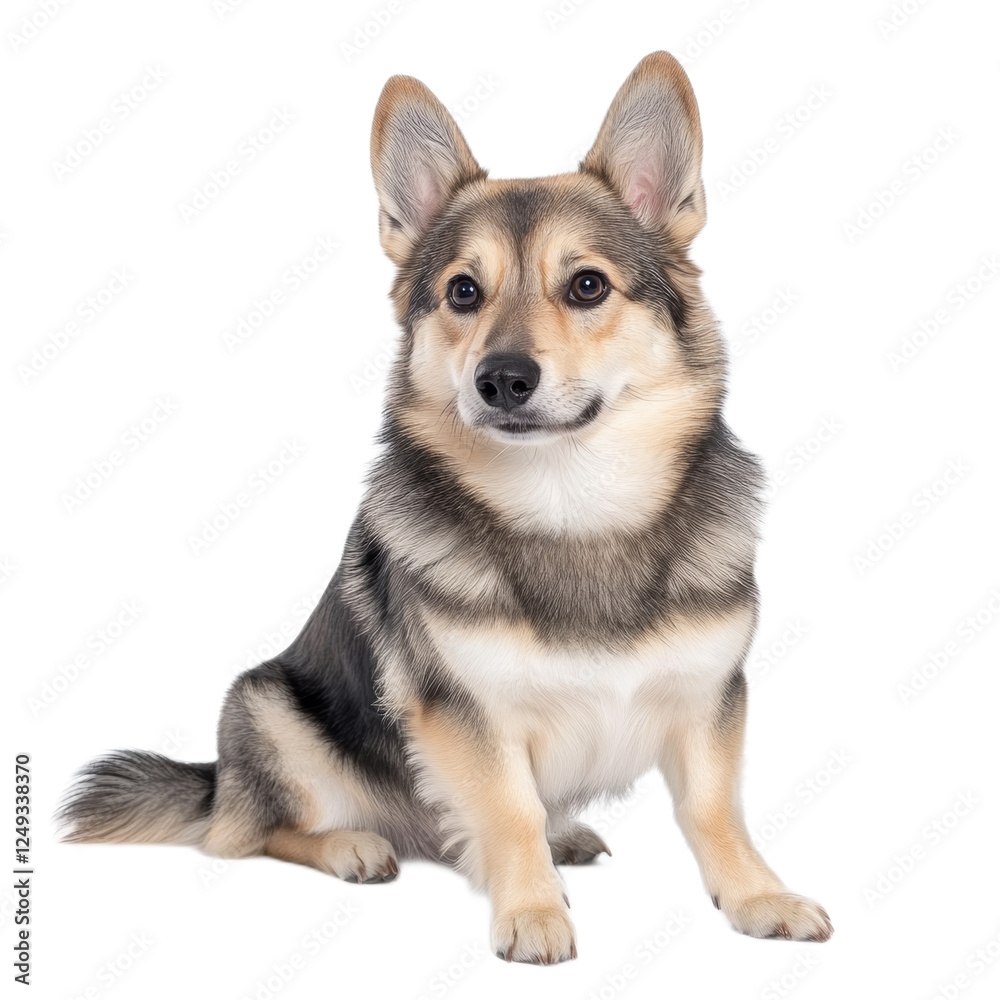 Adorable Gray and Tan Corgi Mix Puppy Sitting on White Background Adorable Gray and Tan Corgi Mix Puppy Sitting on White Background