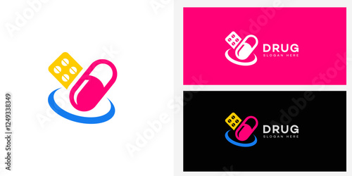 Modern logo design for a drug store, pharmacy, or medical company. Features a capsule, pill blister pack, and swoosh. Includes color and monochrome versions.